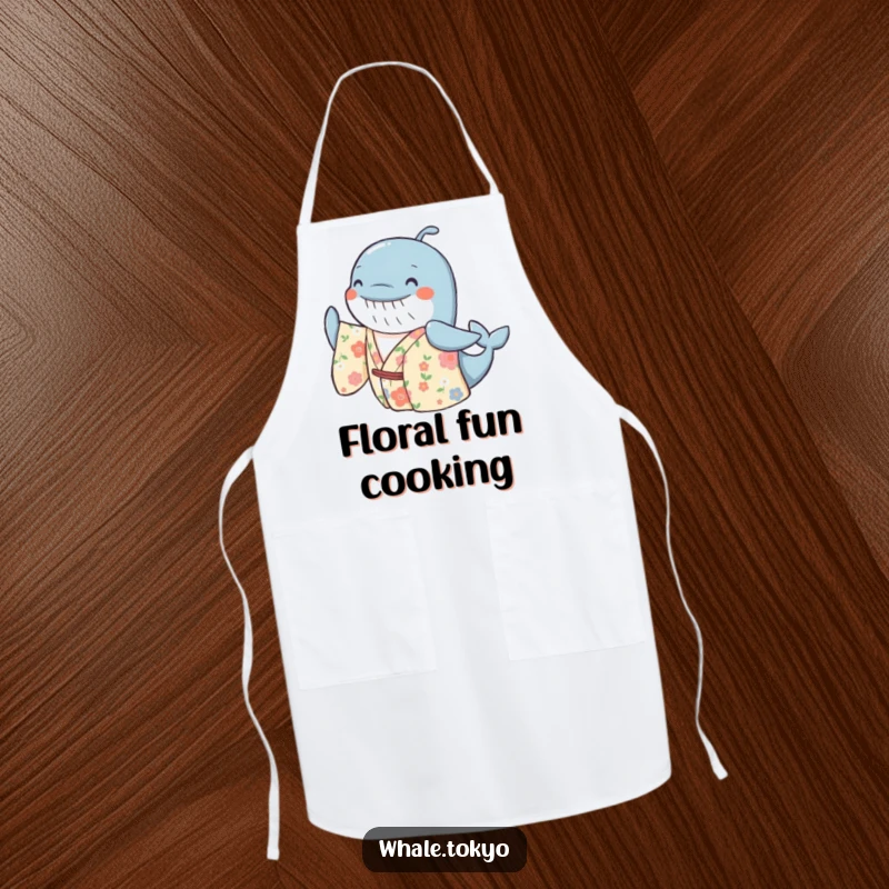Funny apron with a cheerful whale in a floral kimono, gently swaying, perfect for adding a fun and vibrant touch to kitchen activities.