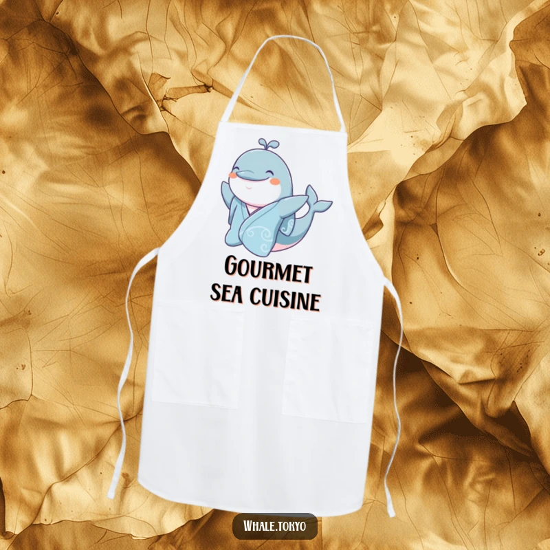 Funny jovial whale in a silk kimono, smiling and waving, a humorous apron.