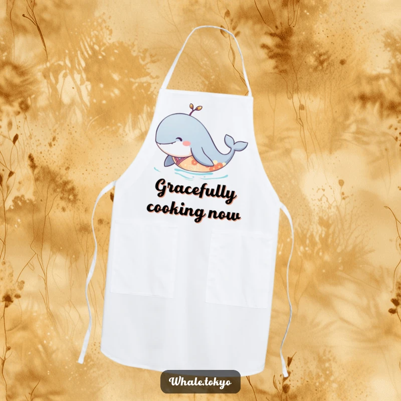 Funny apron displaying a serene whale in an elegant kimono, gliding gracefully through the water.