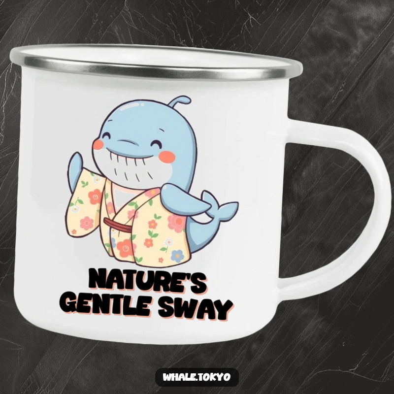 Funny camping mug featuring a cheerful whale in a floral kimono, gently swaying, perfect for enjoying beverages outdoors with a dose of happy charm.