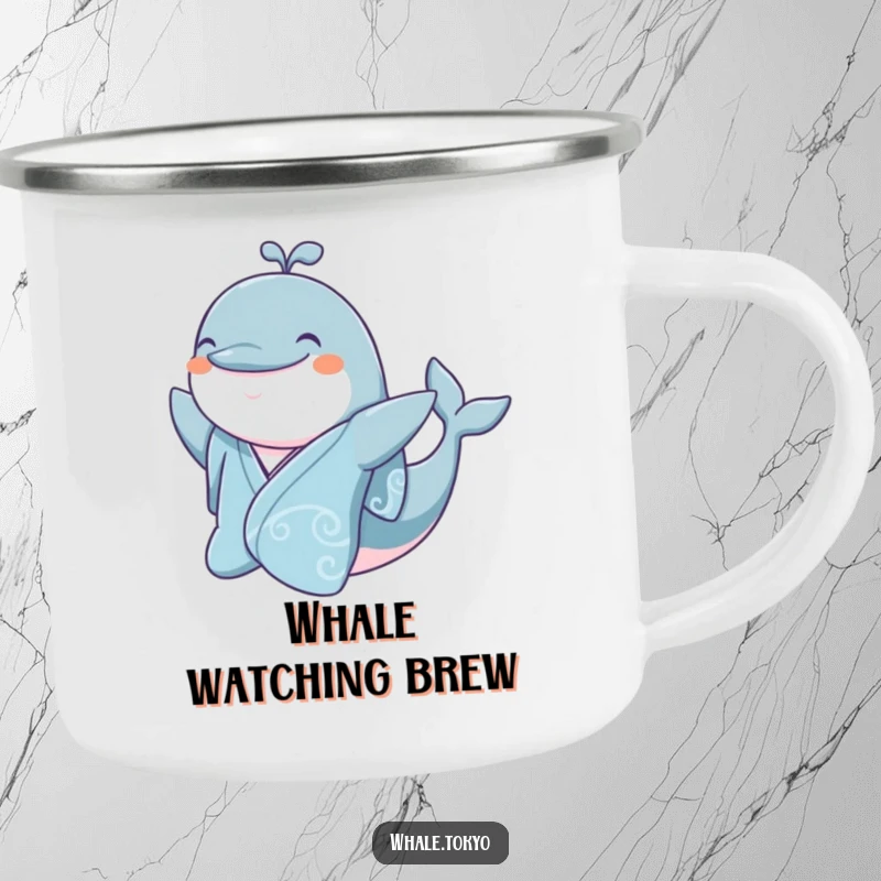 Funny jovial whale in a silk kimono, smiling and waving, humorous camping mug.