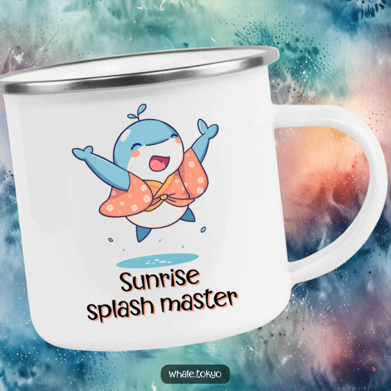 Funny camping mug with a playful whale in a kimono, joyfully leaping, designed for outdoor enthusiasts.