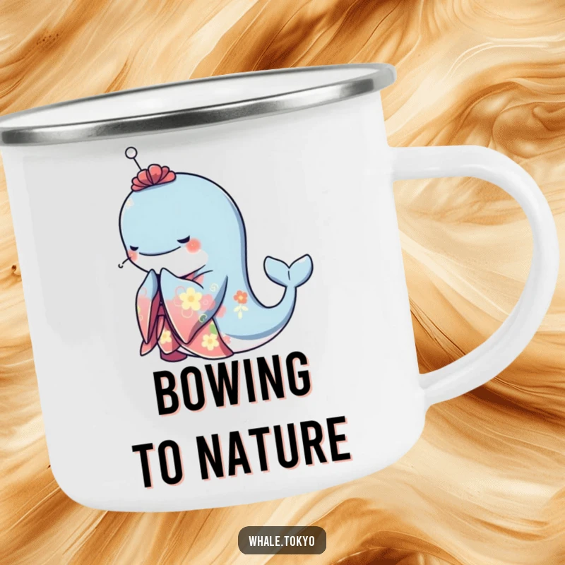 Funny camping mug featuring a graceful whale in a vibrant kimono, bowing elegantly, perfect for enjoying beverages outdoors with a touch of class.