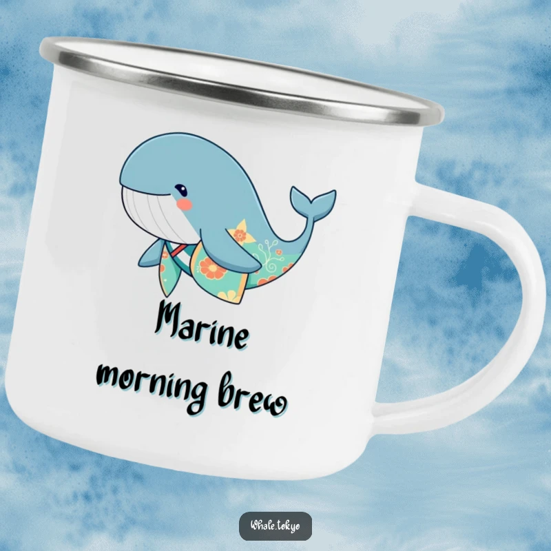 Funny cute whale in a patterned kimono, swimming gracefully, humorous camping mug.