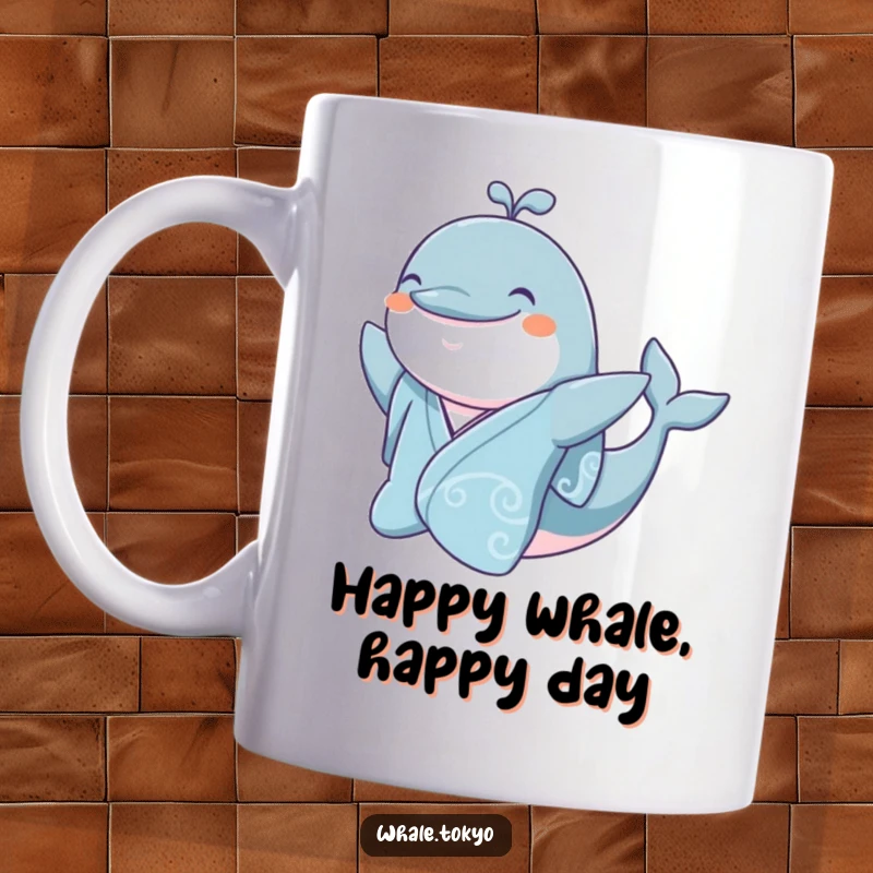 Funny jovial whale in a silk kimono, smiling warmly and waving a flipper.