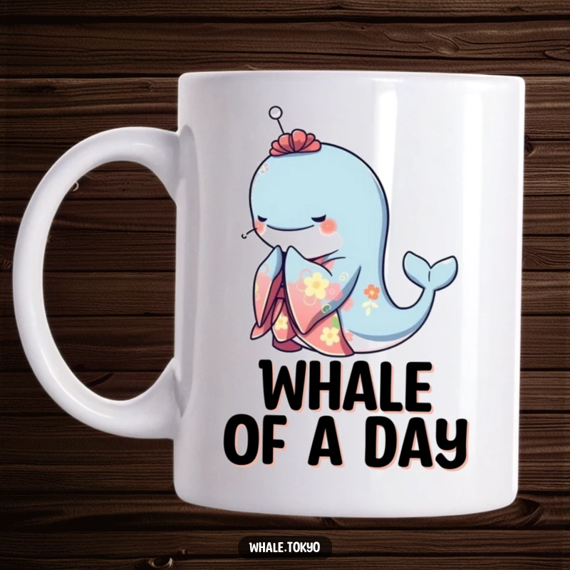 Funny mug featuring a graceful whale elegantly bowing while wearing a vibrant, patterned kimono, showcasing serene beauty and cultural charm.