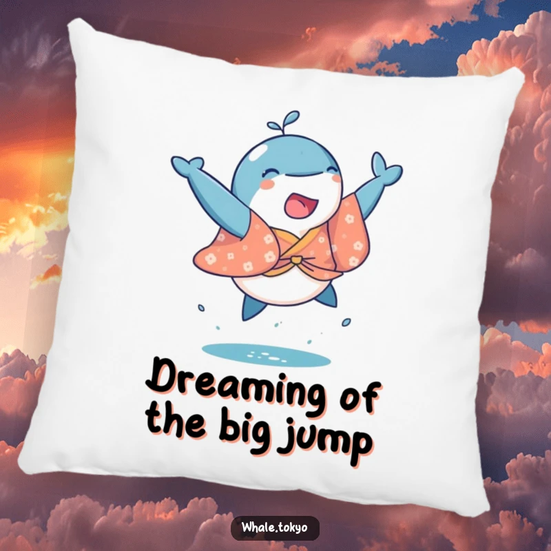 Funny pillow with a playful whale in a brightly colored kimono, captured mid-joyful leap, adding comfort and humor.