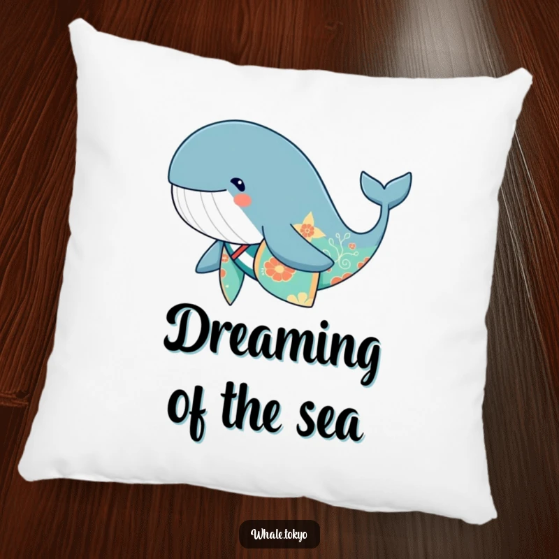 Funny cute whale wearing a vibrant kimono, swimming peacefully, a soft pillow.