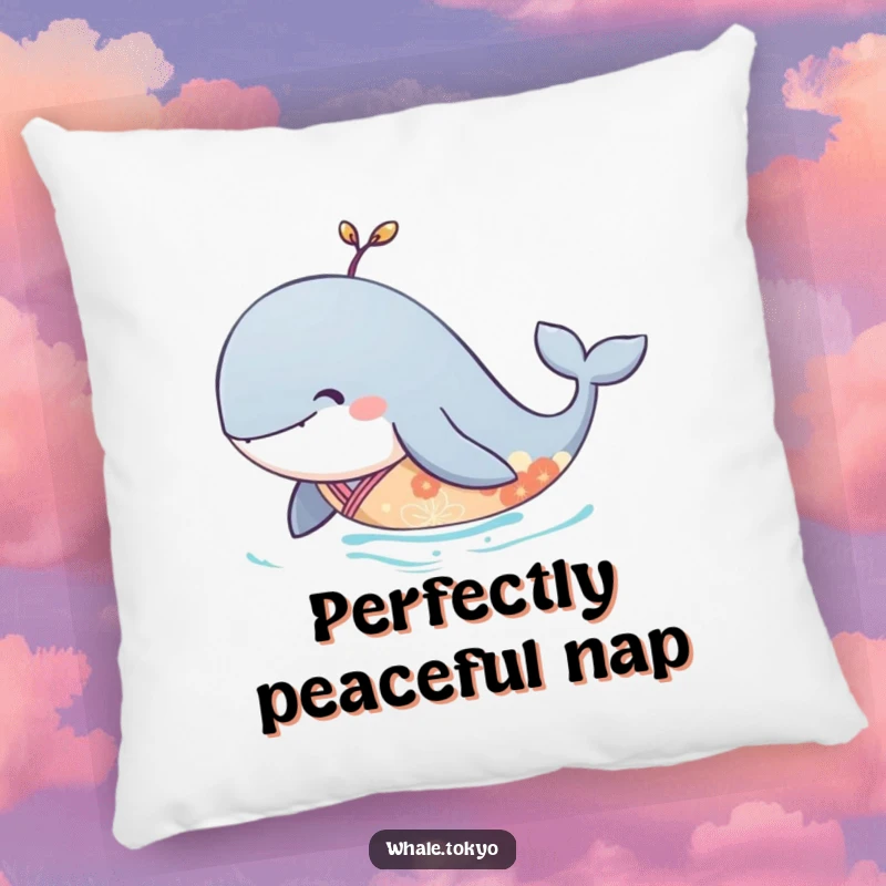 Funny pillow with a serene whale in an elegant kimono, gliding peacefully underwater, perfect for cozy spaces.