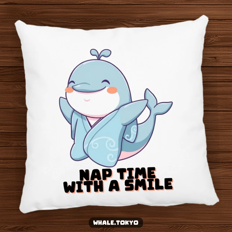 Funny jovial whale in a silk kimono, smiling and waving, a soft pillow.