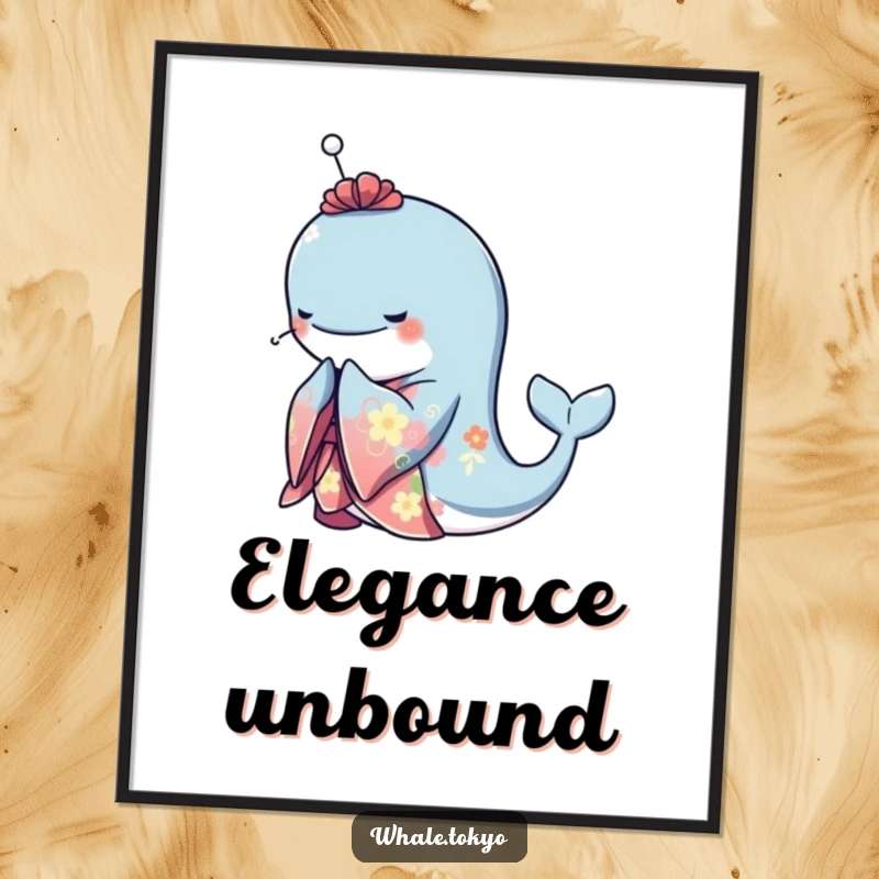 Funny digital art print of a graceful whale wearing a vibrant kimono and bowing elegantly, symbolizing peace, beauty, and sophisticated humor.