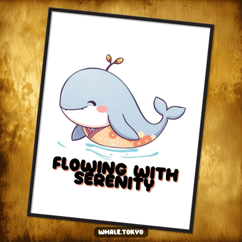 Funny digital art print of a serene whale in an elegant kimono, gliding gracefully through underwater scenes.