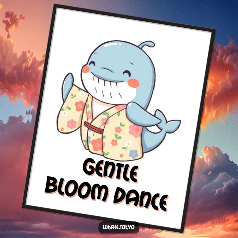 Funny digital art print of a cheerful whale in a floral kimono, gently swaying, capturing a mood of pure joy, vibrancy, and whimsical delight.