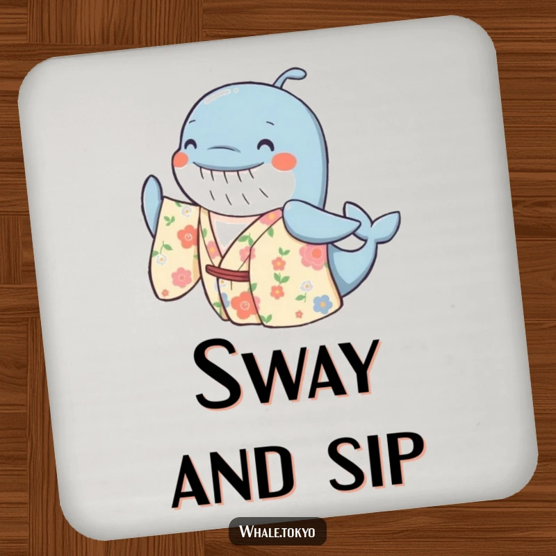 Funny drink coasters showcasing a cheerful whale in a floral kimono, gently swaying, offering protection with a joyful and artistic flair.