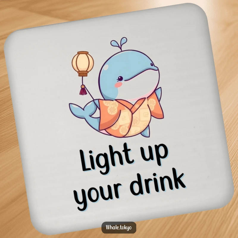 Funny coaster with a whale in a kimono nudging a floating lantern, adding subtle magic to surface protection.