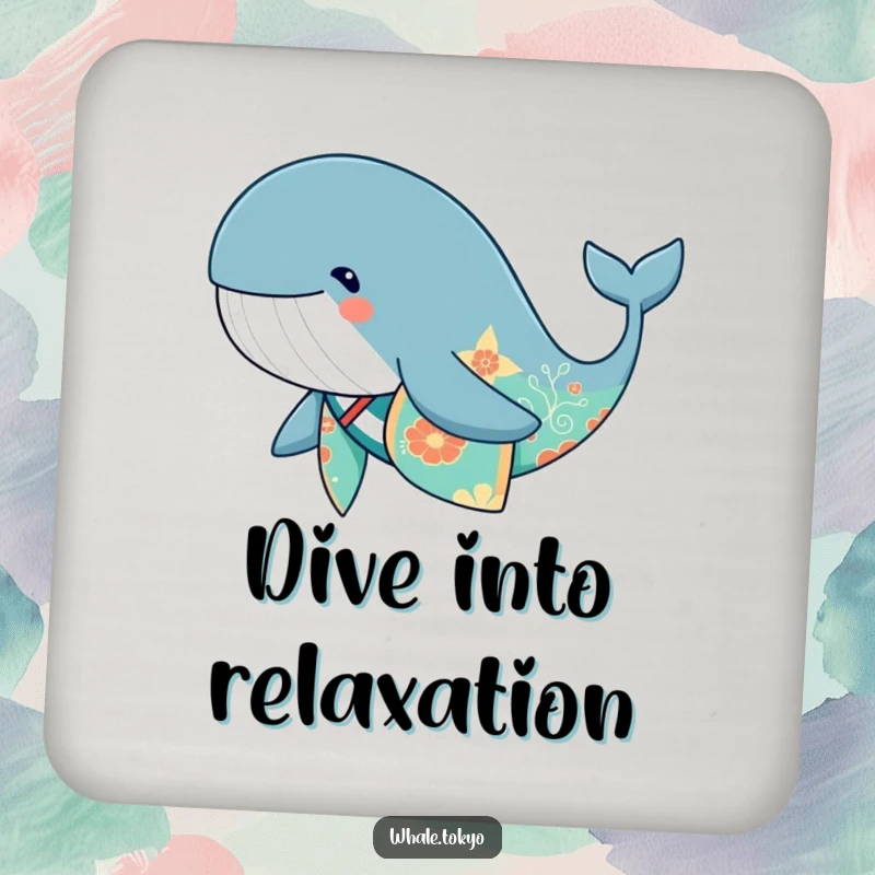 Funny cute whale wearing a vibrant kimono, swimming, a humorous coaster.