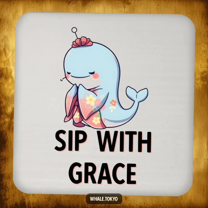 Funny drink coasters showcasing a graceful whale wearing a vibrant kimono and bowing elegantly, offering sophisticated protection for surfaces.