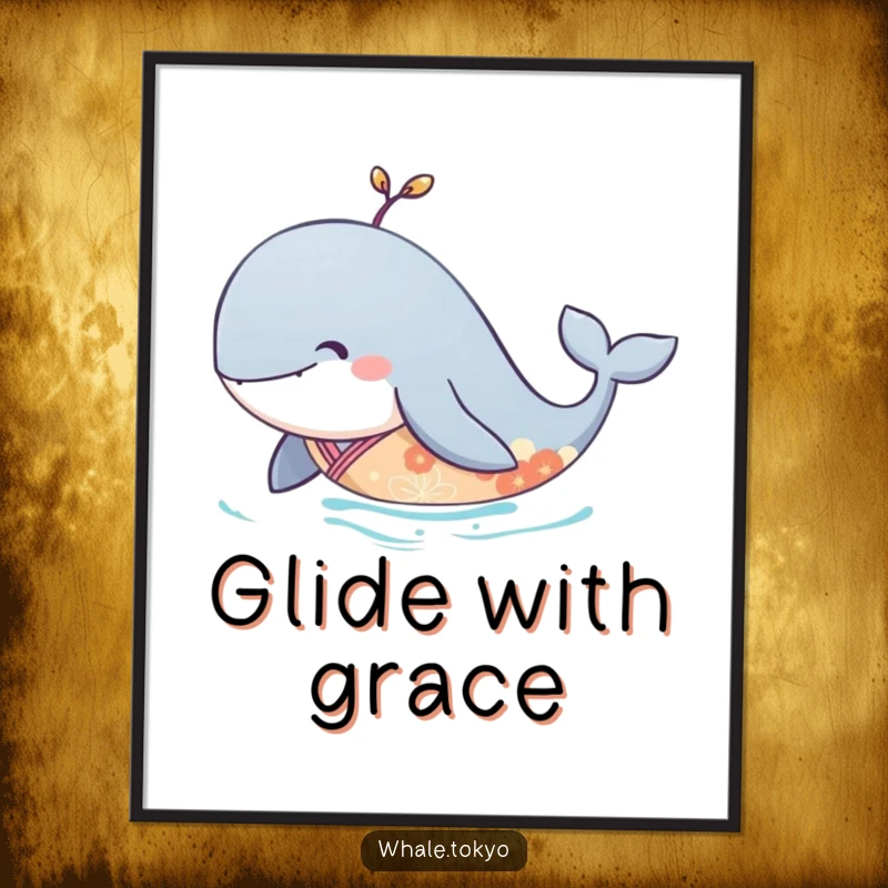 Funny poster depicting a serene whale in an elegant kimono, gliding gracefully through tranquil underwater scenery.