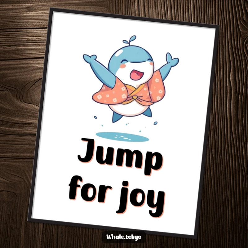 Funny poster featuring a dynamic whale in a kimono executing a powerful, joyful leap, symbolizing freedom and fun.