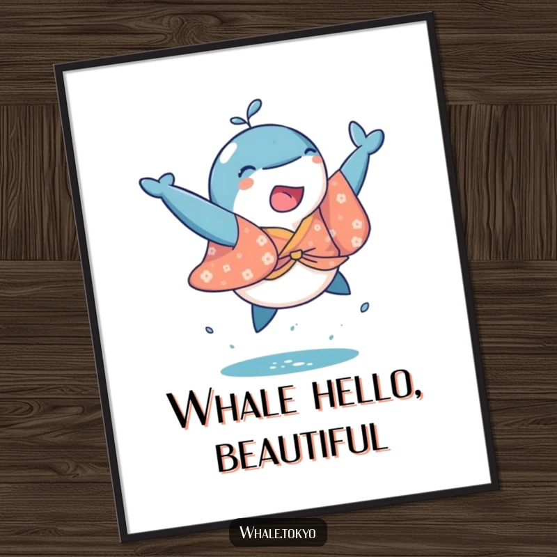 Funny Free Printable Wall Art: A playful whale in a bright kimono joyfully leaps through the air.