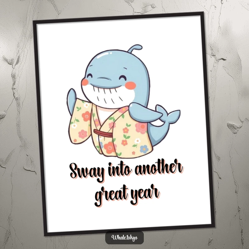 Funny Free Printable Wall Art: Cheerful whale in floral kimono swaying gently, whimsical and artistic, download.