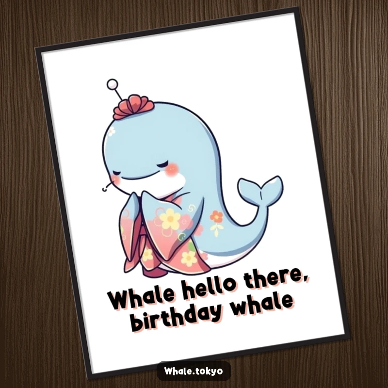 Funny Free Printable Wall Art: Graceful whale in a vibrant kimono bowing elegantly, artistic and humorous, download.