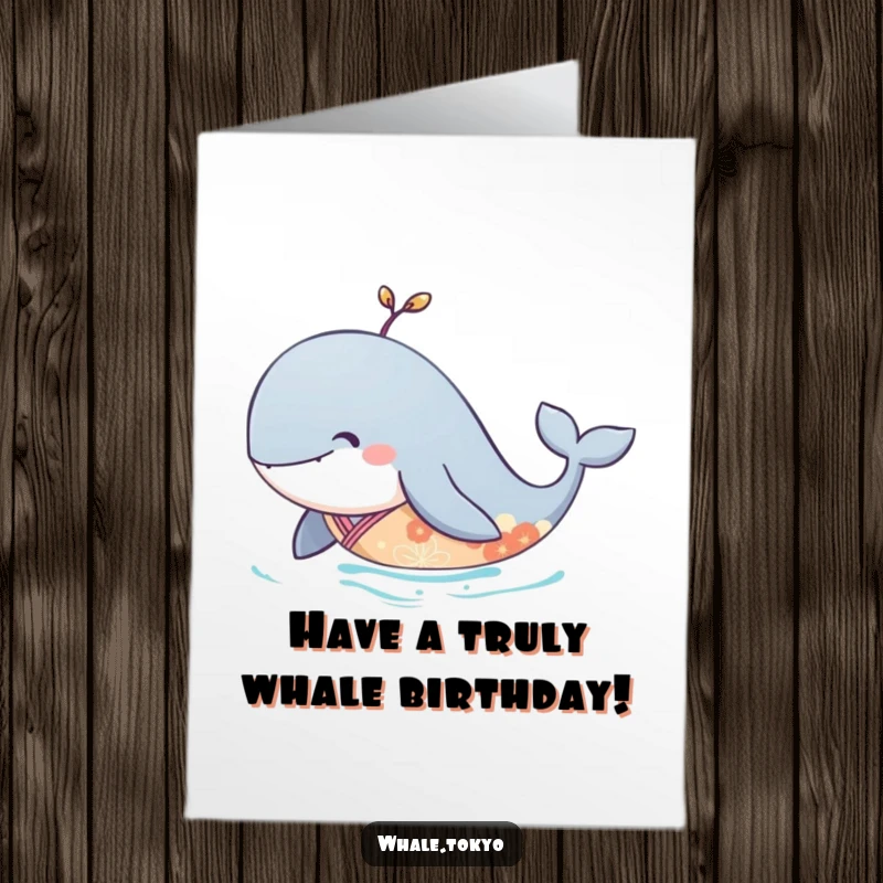 Funny Free Printable Birthday Card: Serene whale in an elegant kimono gracefully glides underwater.