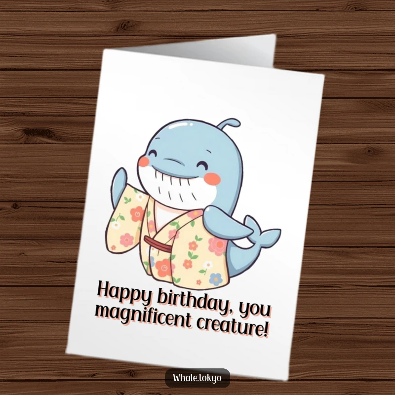 Funny Free Printable Birthday Card: Cheerful whale in floral kimono swaying gently, happy celebration, downloadable.