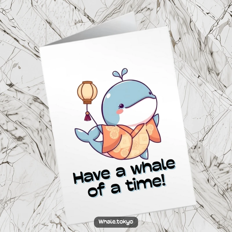 Funny Free Printable Birthday Card: Whale in a kimono playfully nudges a glowing floating lantern.