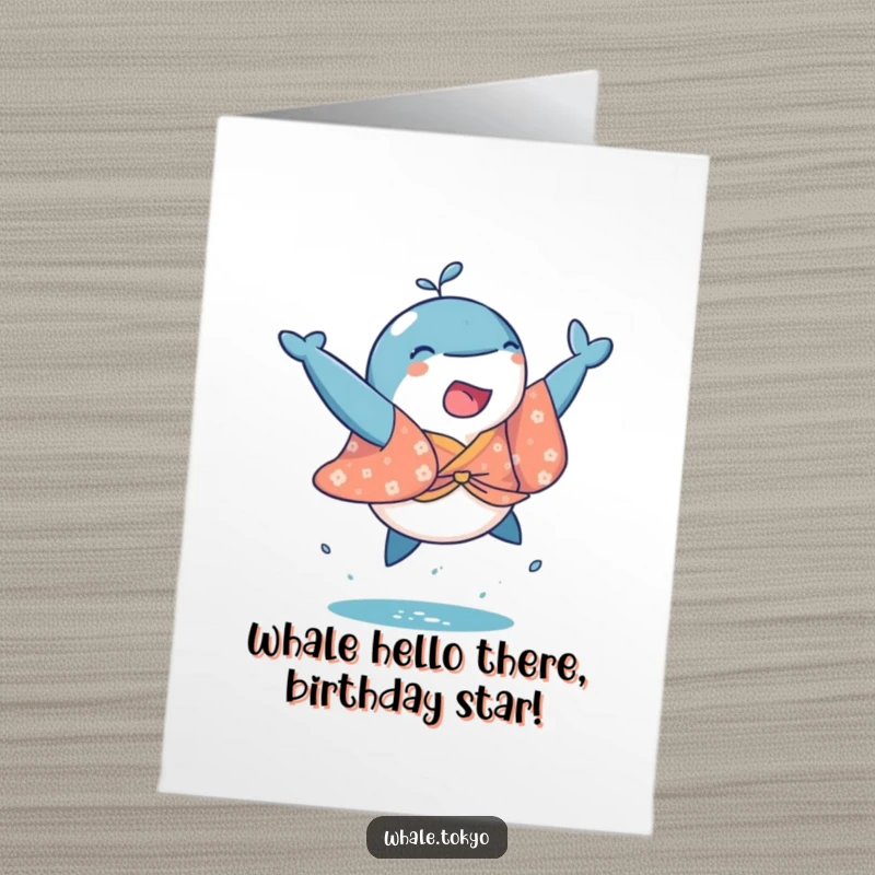 Funny Free Printable Birthday Card: Playful whale in a bright kimono joyfully leaps, celebrating with a splash.