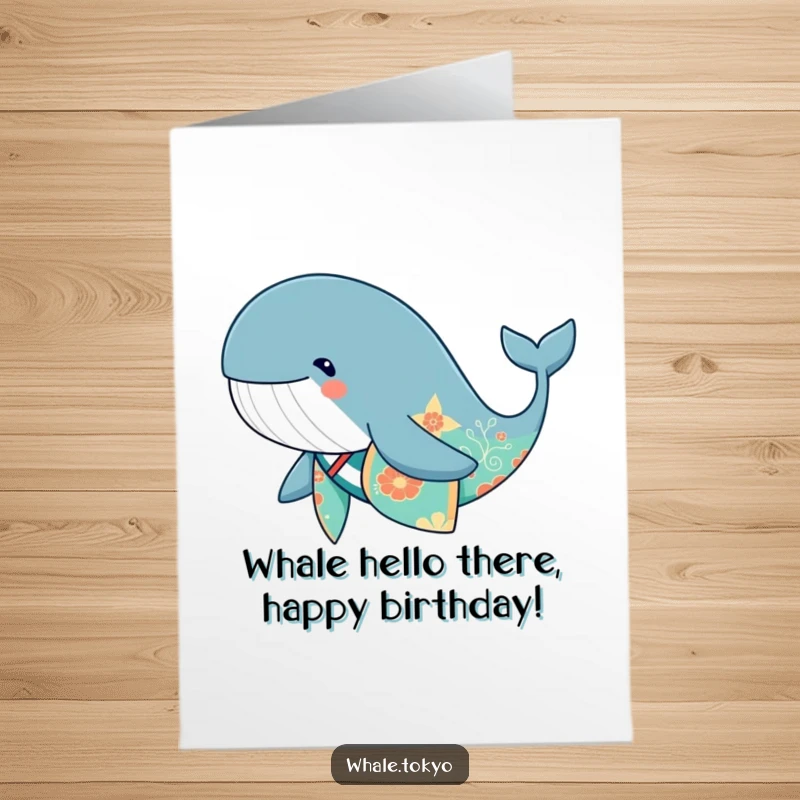 Funny Free Printable Birthday Card: Cute whale wearing a vibrant kimono, swimming gracefully underwater.