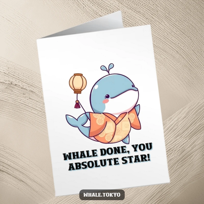 Funny Free Printable Congratulations Card: Kimono whale gently nudges a floating lantern, symbolizing achievement.
