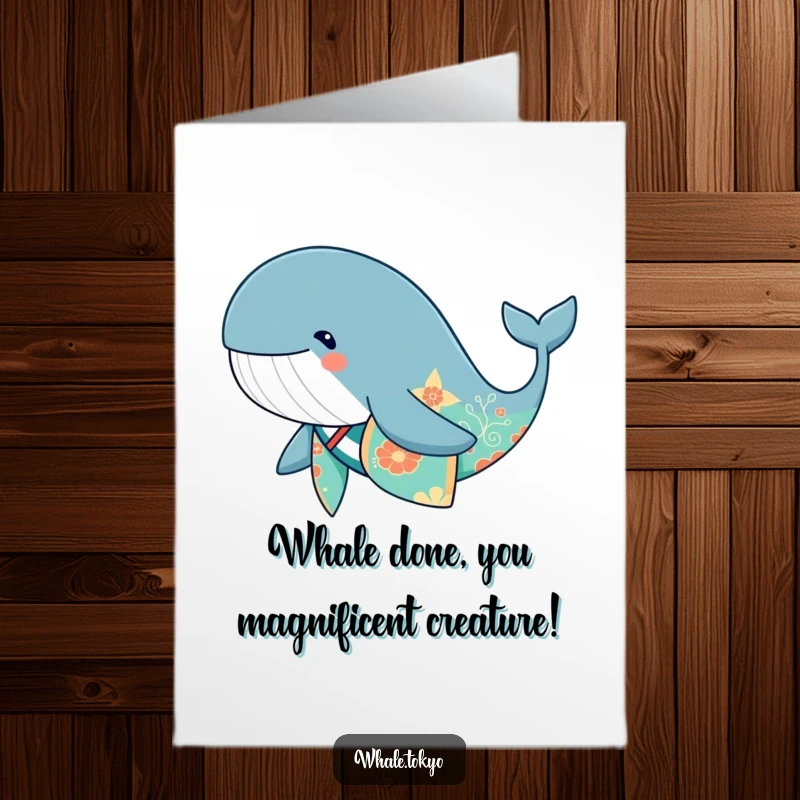 Funny Free Printable Congrats Card: Cute whale in a patterned kimono swimming elegantly to celebrate.