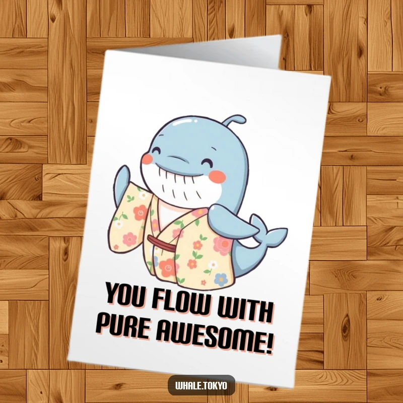 Funny Free Printable Congrats Card: Cheerful whale in a floral kimono swaying, conveying happiness and congratulations, downloadable.