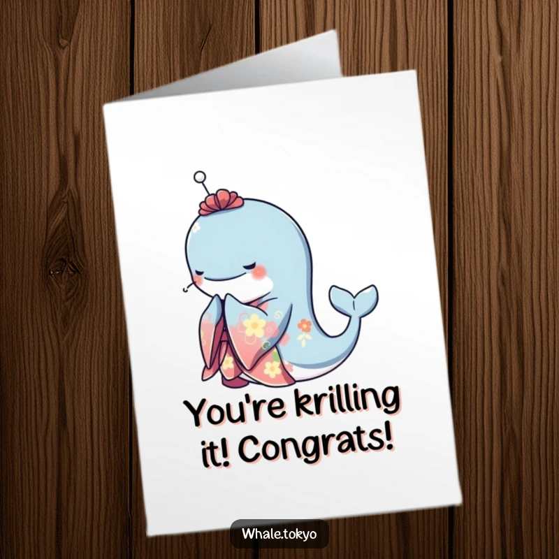Funny Free Printable Congrats Card: Graceful whale in a kimono bowing, celebrating success with elegance, downloadable.