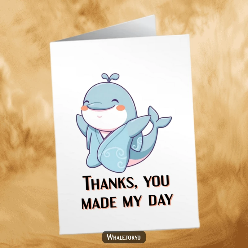 Funny Free Printable Thank You Card: Jovial whale in a silk kimono smiling and waving goodbye with thanks.