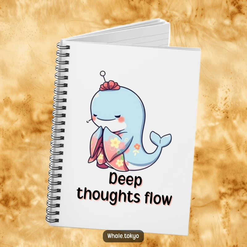 Funny notebook featuring a graceful whale in a vibrant kimono, bowing elegantly, ideal for journaling with a theme of calm and sophistication.