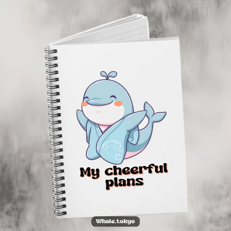 Funny jovial whale in a silk kimono, smiling and waving, perfect for notes.