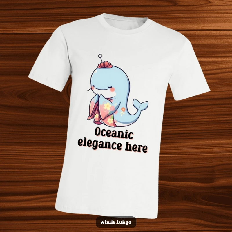 Funny t-shirt with a graceful whale wearing a vibrant kimono and performing an elegant bow, symbolizing poise and gentle humor.