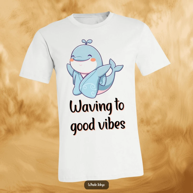 Funny jovial whale wearing a silk kimono, smiling and enthusiastically waving a flipper.