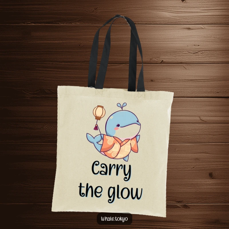 Funny tote bag featuring a whale in a patterned kimono playfully nudging a floating lantern, combining practicality and magic.